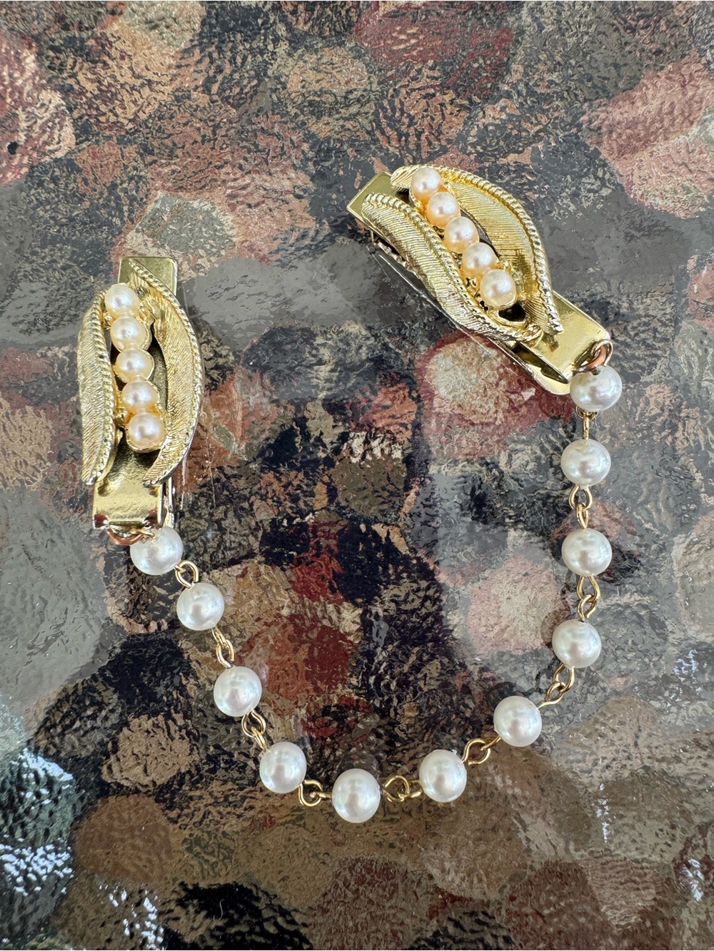 Vintage Gold Tone Metal Faux Pearl Sweater Clips with Chain Retro 50s Secretary